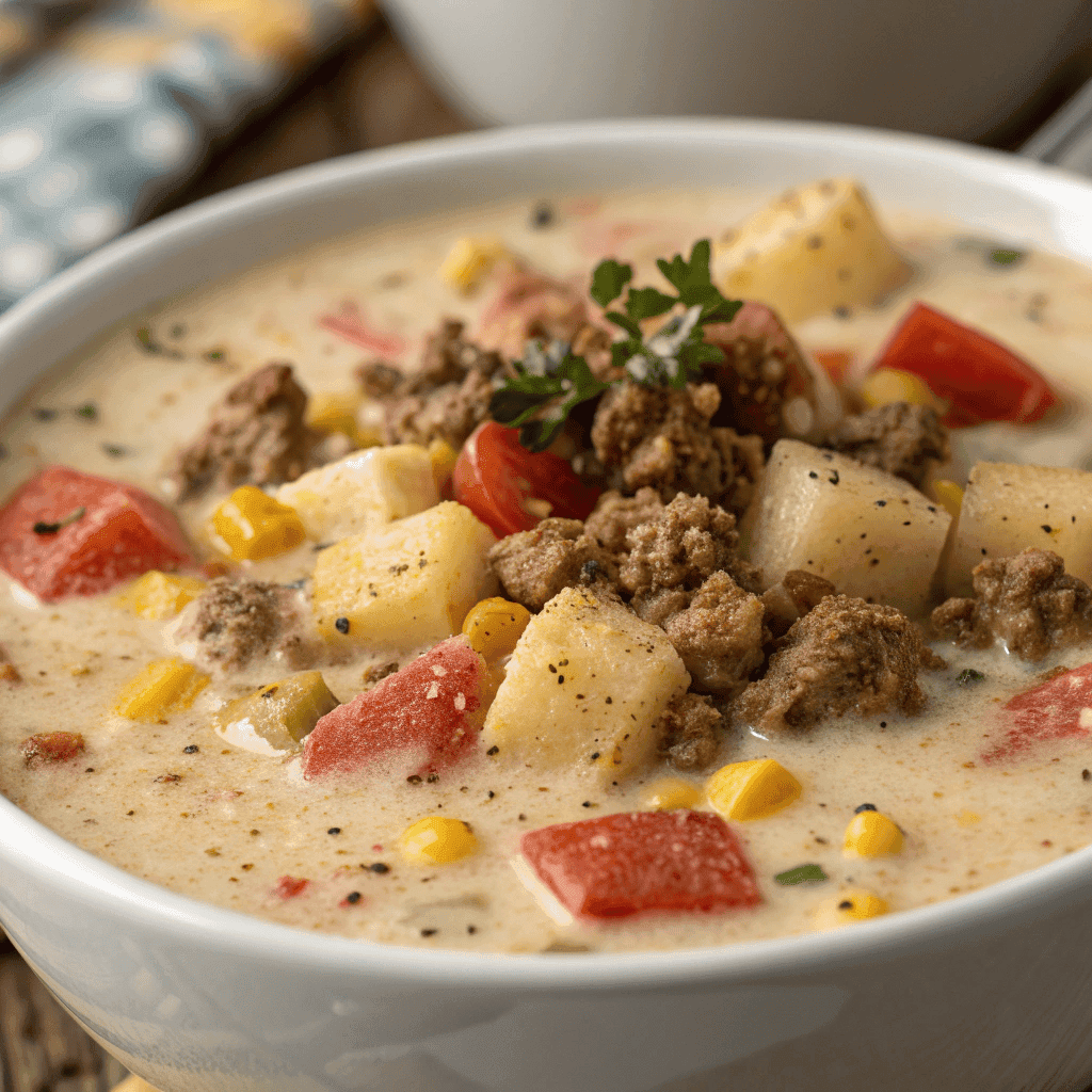 Macro close-up of creamy cowboy soup showing thick broth, ground beef, potatoes, corn, and vegetables.