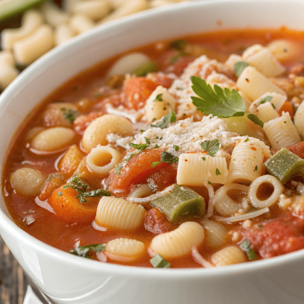 Macro close-up of pasta fagioli soup showing ditalini pasta, beans, tomato broth, and grated cheese.