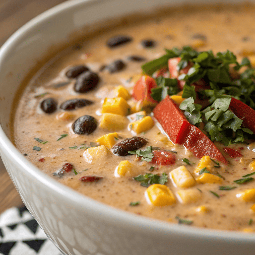 Creamy Taco Soup | Cheesy Southwest Comfort Bowl 3 Macro close-up of creamy taco soup showing thick broth, corn, black beans, peppers, and herbs.