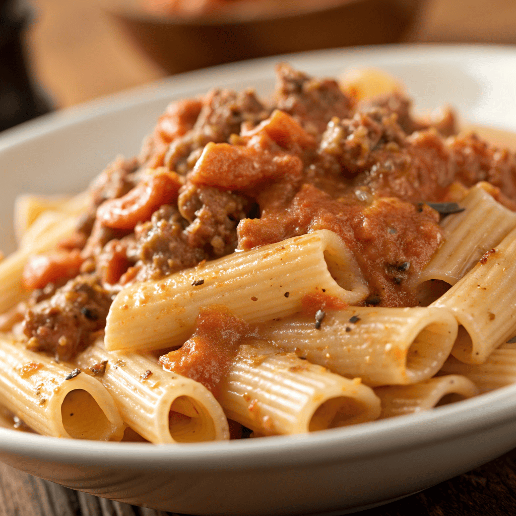Macro close-up of creamy beef pasta showing thick sauce clinging to penne and ground beef texture.