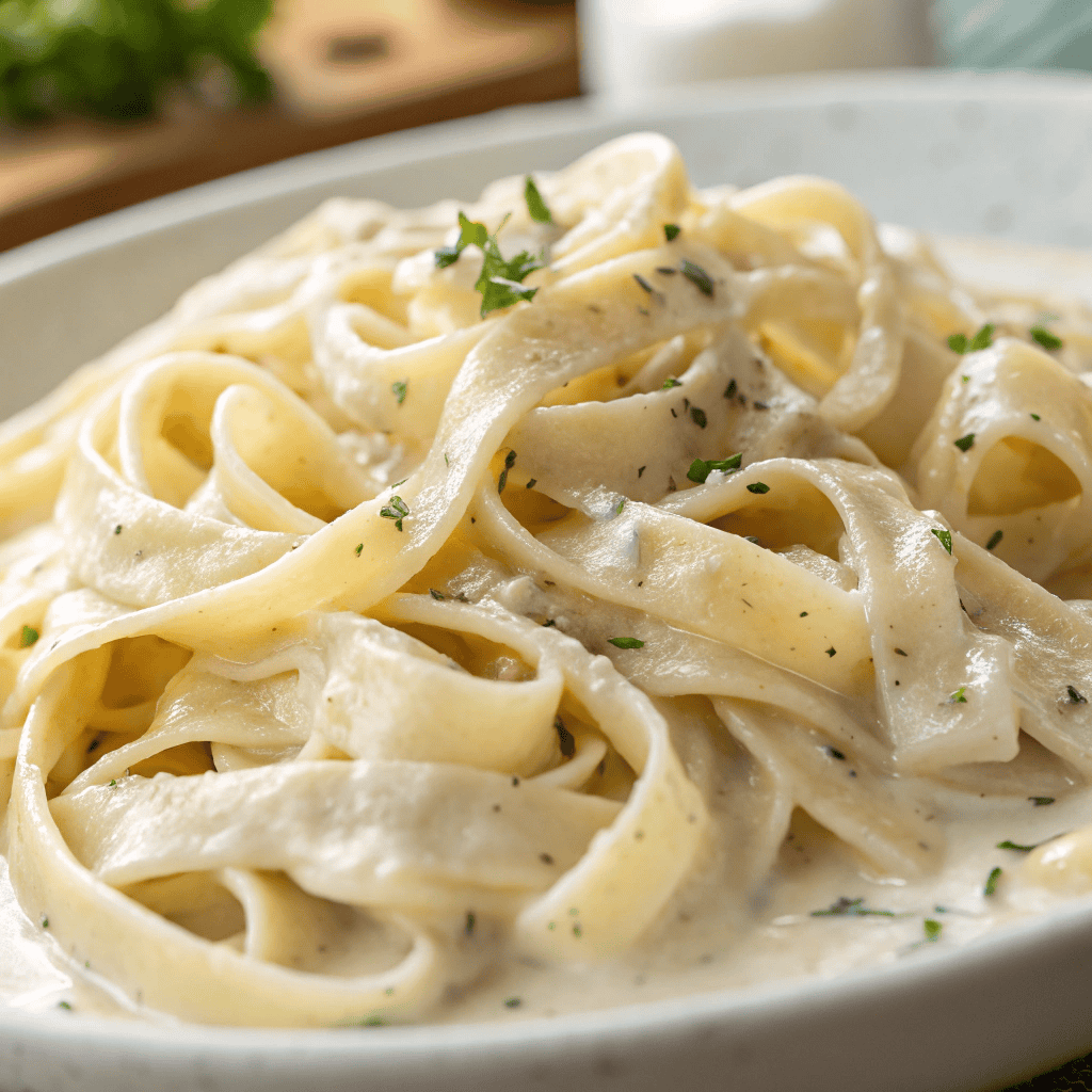 Macro close-up of oat milk alfredo pasta showing creamy sauce clinging to fettuccine noodles.
