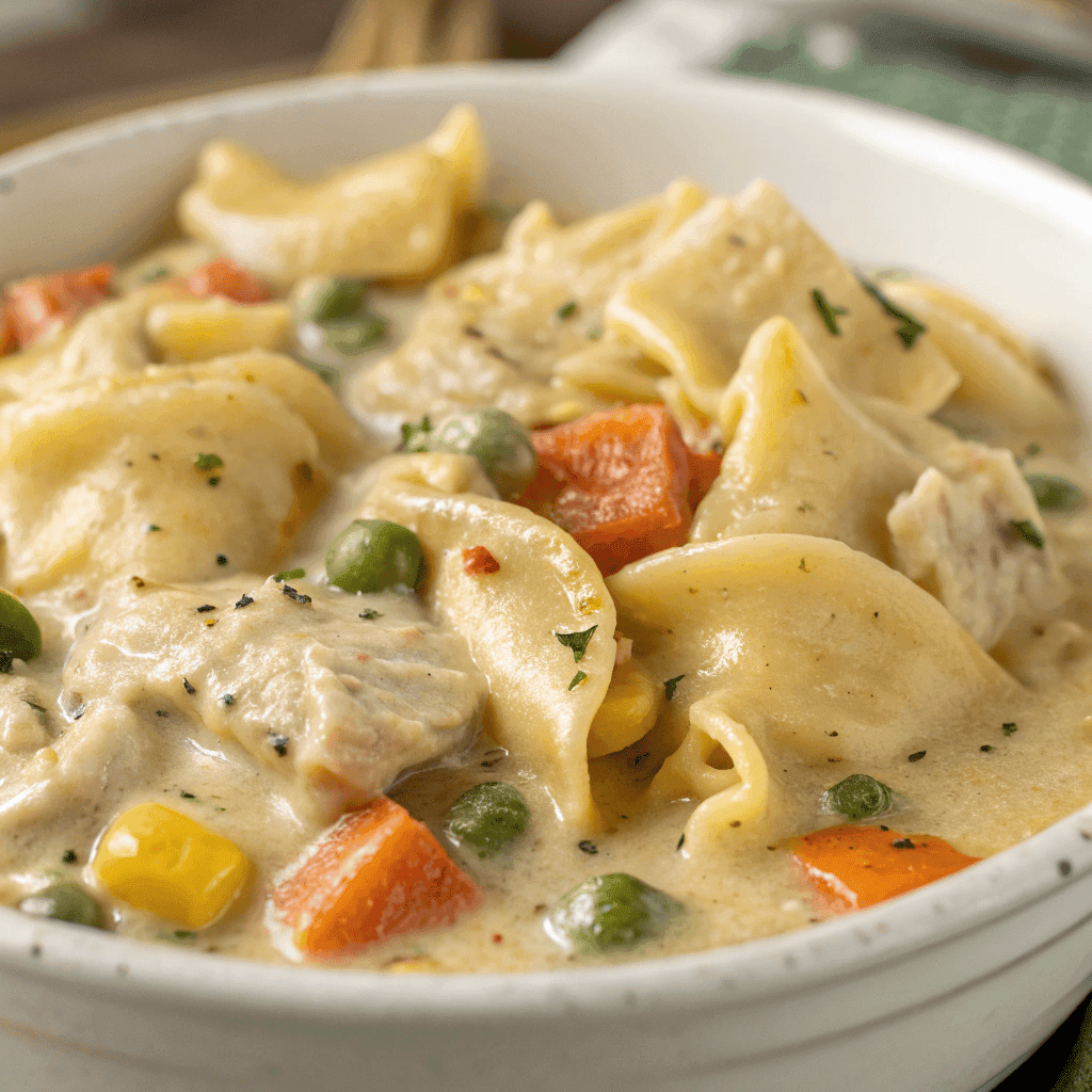 Macro close-up of cheddar chicken tortellini showing creamy sauce, pasta folds, and vegetables.