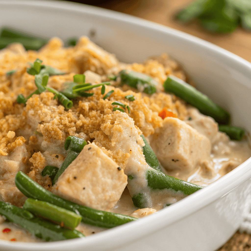 Macro close-up of slow cooker chicken casserole showing creamy sauce, green beans, chicken, and crumb topping.