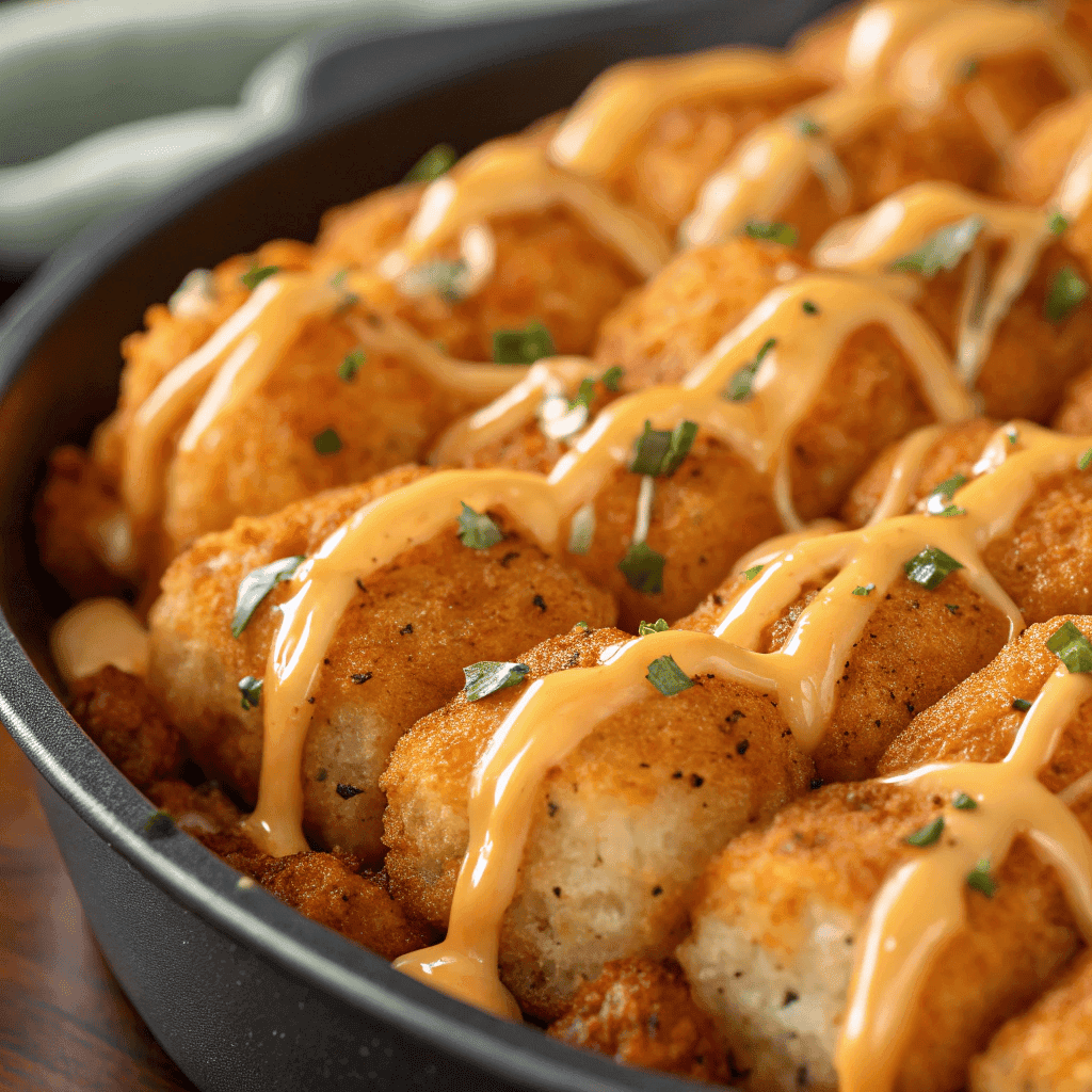 Macro close-up of buffalo chicken tater tot bake showing crispy tots, melted cheese, and buffalo sauce.