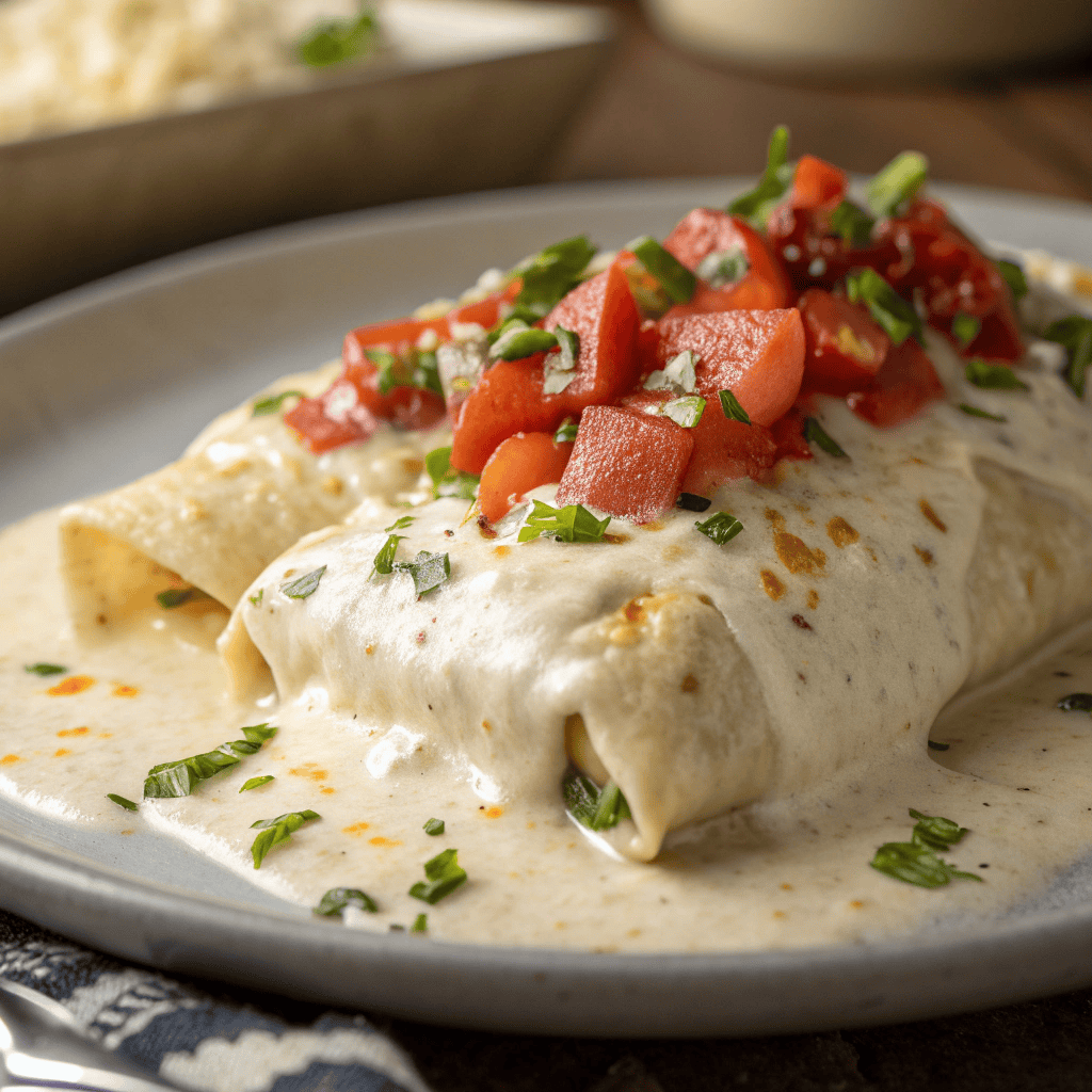 Macro close-up of smothered burrito showing creamy sauce, melted cheese, and fresh vegetable topping.