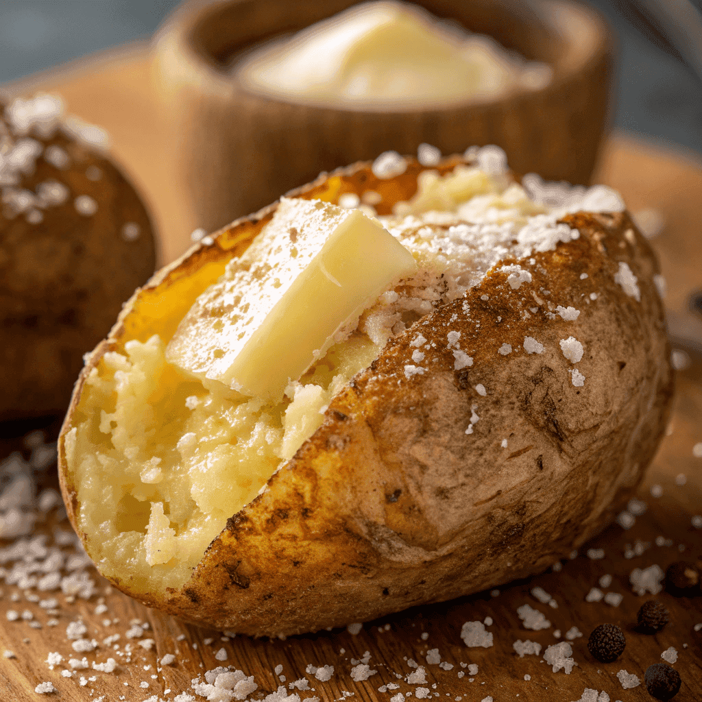 Macro close-up of crispy potato skin and fluffy interior with melting butter