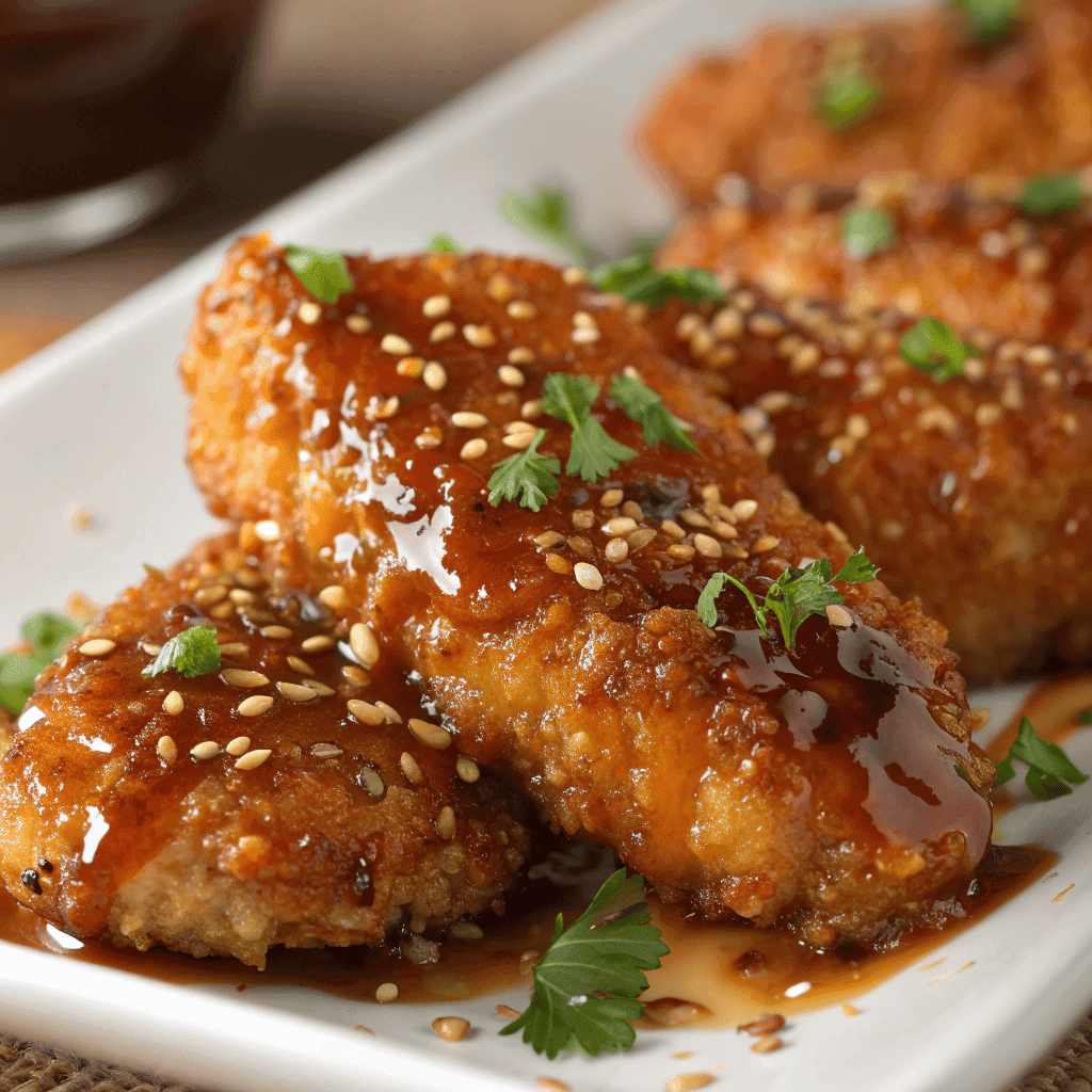 Macro close-up of honey butter garlic chicken tenders showing caramelized glaze