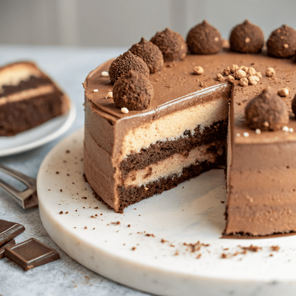 Macro close-up of chocolate coffee cake layers with mocha buttercream