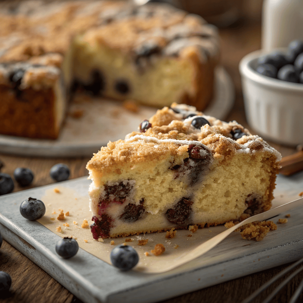 Macro close-up of blueberry sour cream coffee cake showing moist crumb and streusel