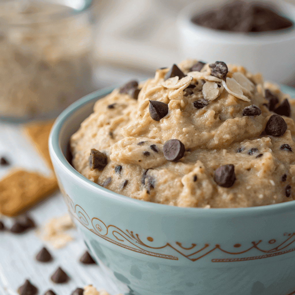 Macro close-up of cookie dough overnight oats showing oats and chocolate chips