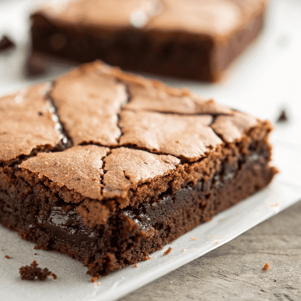 Macro close-up of Greek yogurt brownie showing crackled crust and fudgy interior