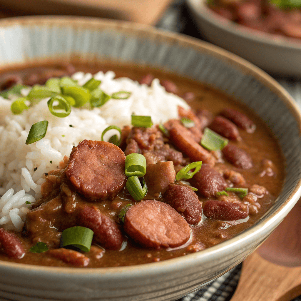 Macro close-up of red beans and rice showing creamy beans and sausage