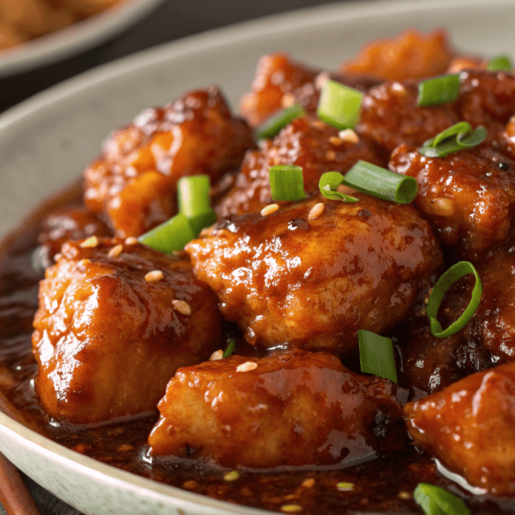 Macro close-up of firecracker chicken showing glossy caramelized sauce