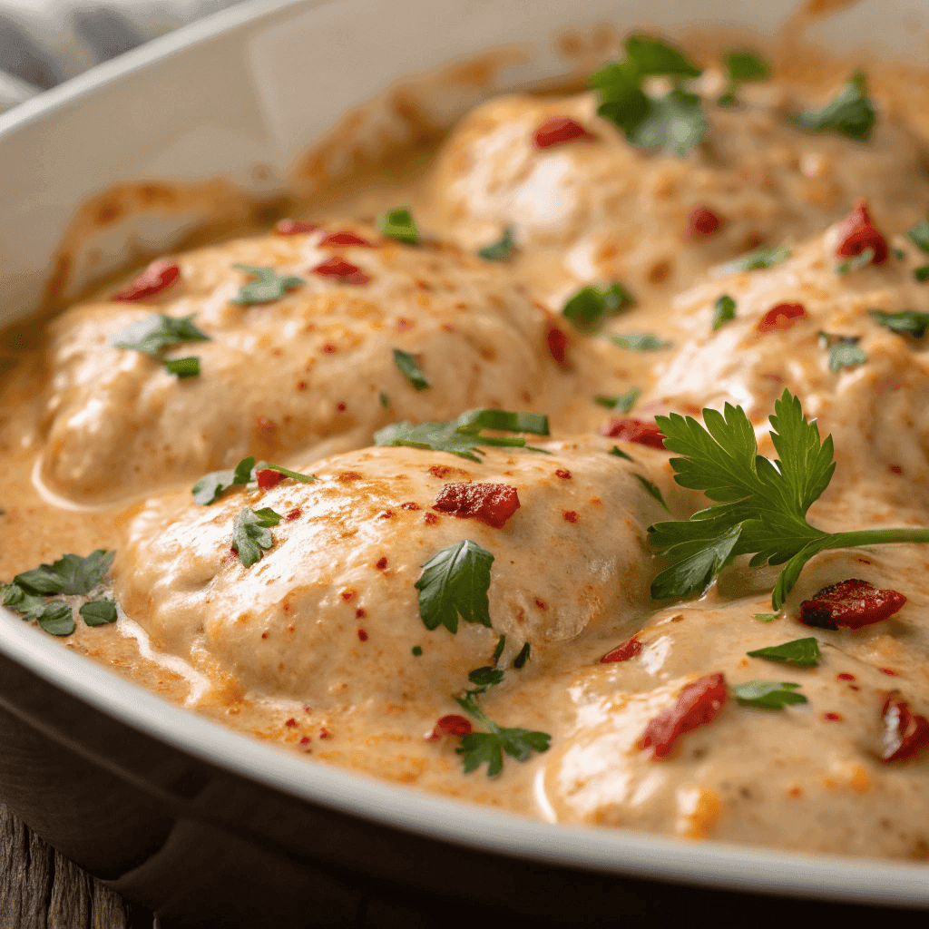 Macro close-up of bang bang chicken showing creamy sauce and chili flakes