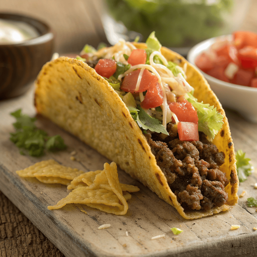 Macro close-up of oven baked cheesy taco showing crispy tortilla, melted cheese, seasoned ground beef, and fresh toppings.