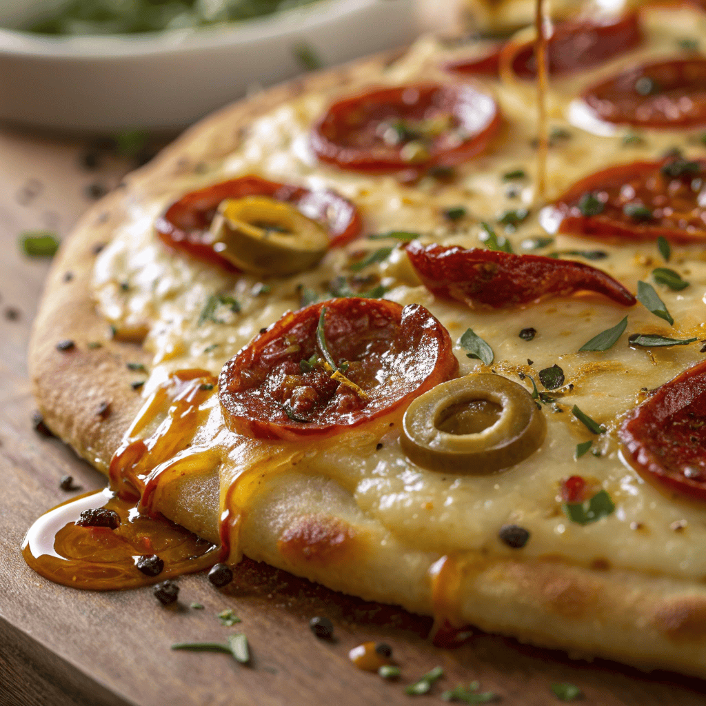 Macro close-up of hot honey flatbread pizza showing melted cheese, pepperoni, jalapeños, olives, and glossy honey drizzle.
