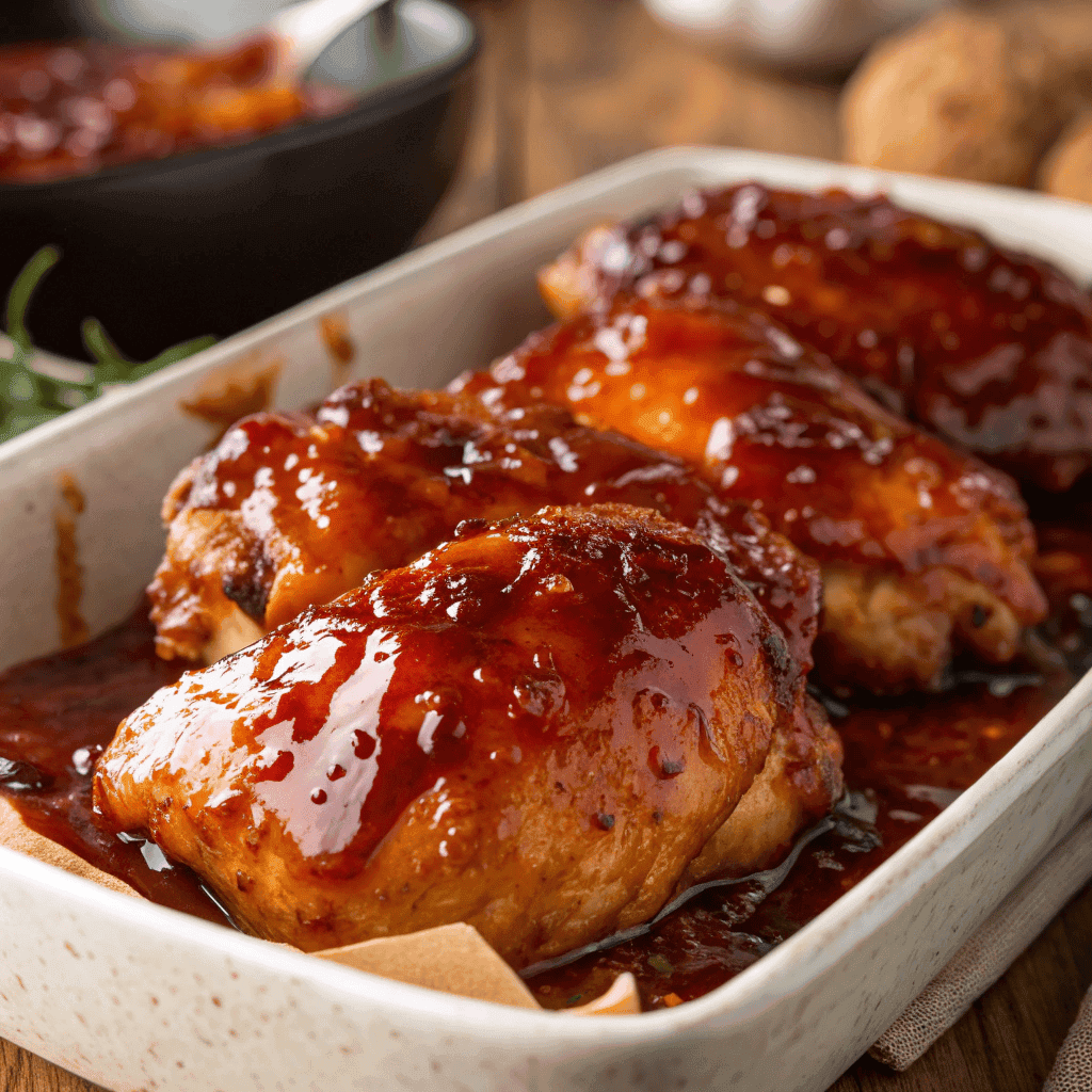 Macro close-up of crockpot chicken showing thick glossy Sweet Baby Ray’s barbecue sauce and caramelized texture.