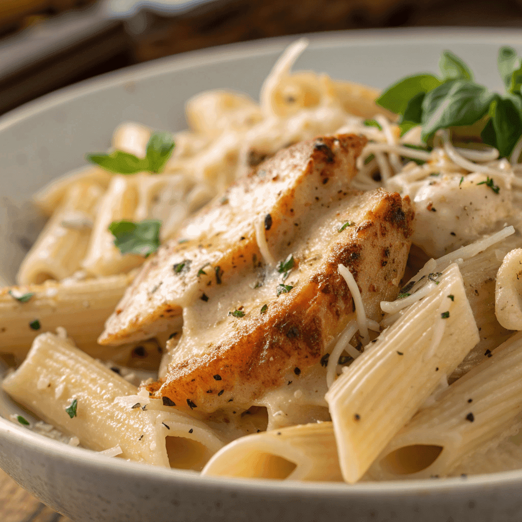 Macro close-up of creamy chicken penne pasta showing sauce-coated penne, seared chicken, and parmesan.