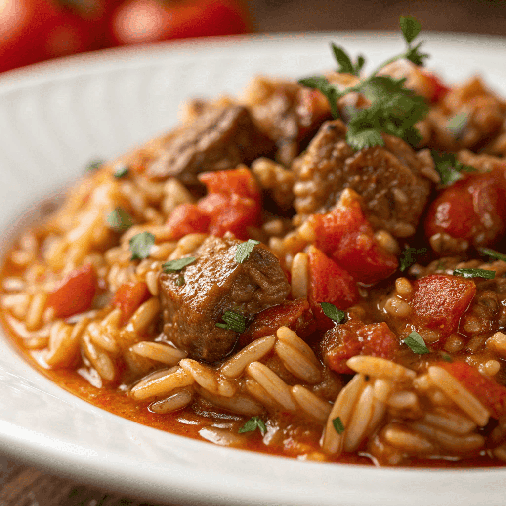 Macro close-up of Greek beef orzo pasta showing saucy orzo grains, tender beef, and tomato texture.