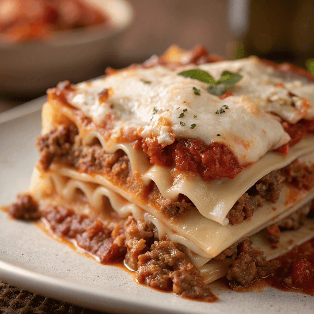 Macro close-up of Sicilian lasagna showing pasta layers, rich meat sauce, and melted cheese texture.