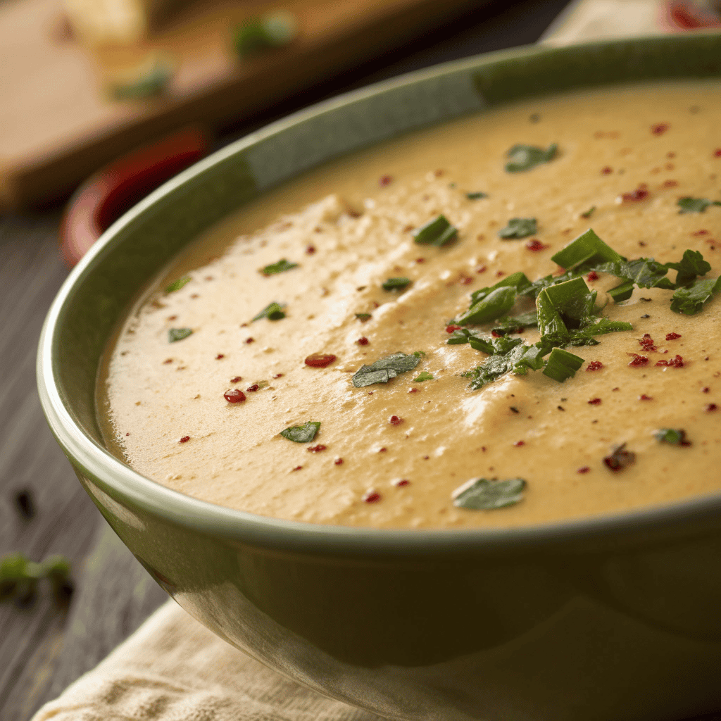 Macro close-up of creamy Dolly Parton’s Stampede Soup showing smooth texture, pepper specks, and herbs.
