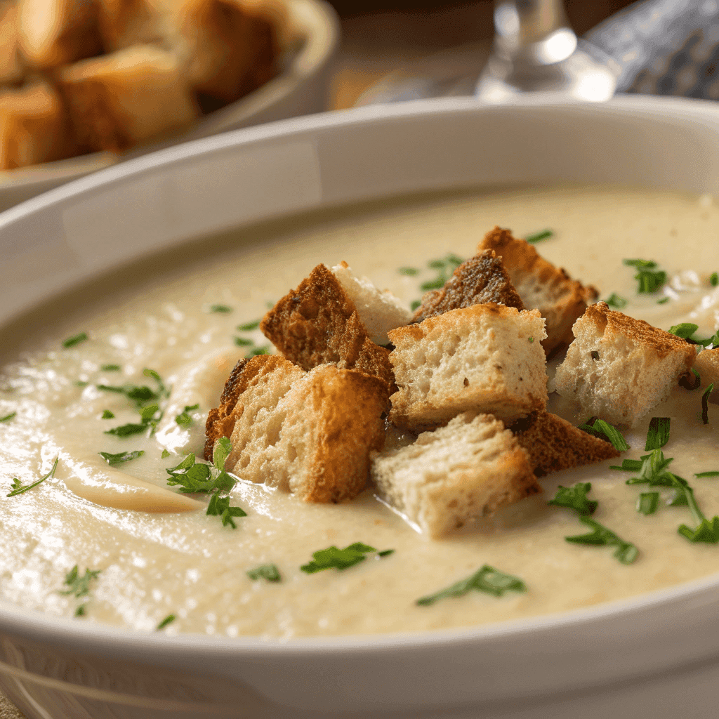 Macro close-up of creamy Slow Cooker Saint Nicholas Soup with toasted croutons and smooth texture.