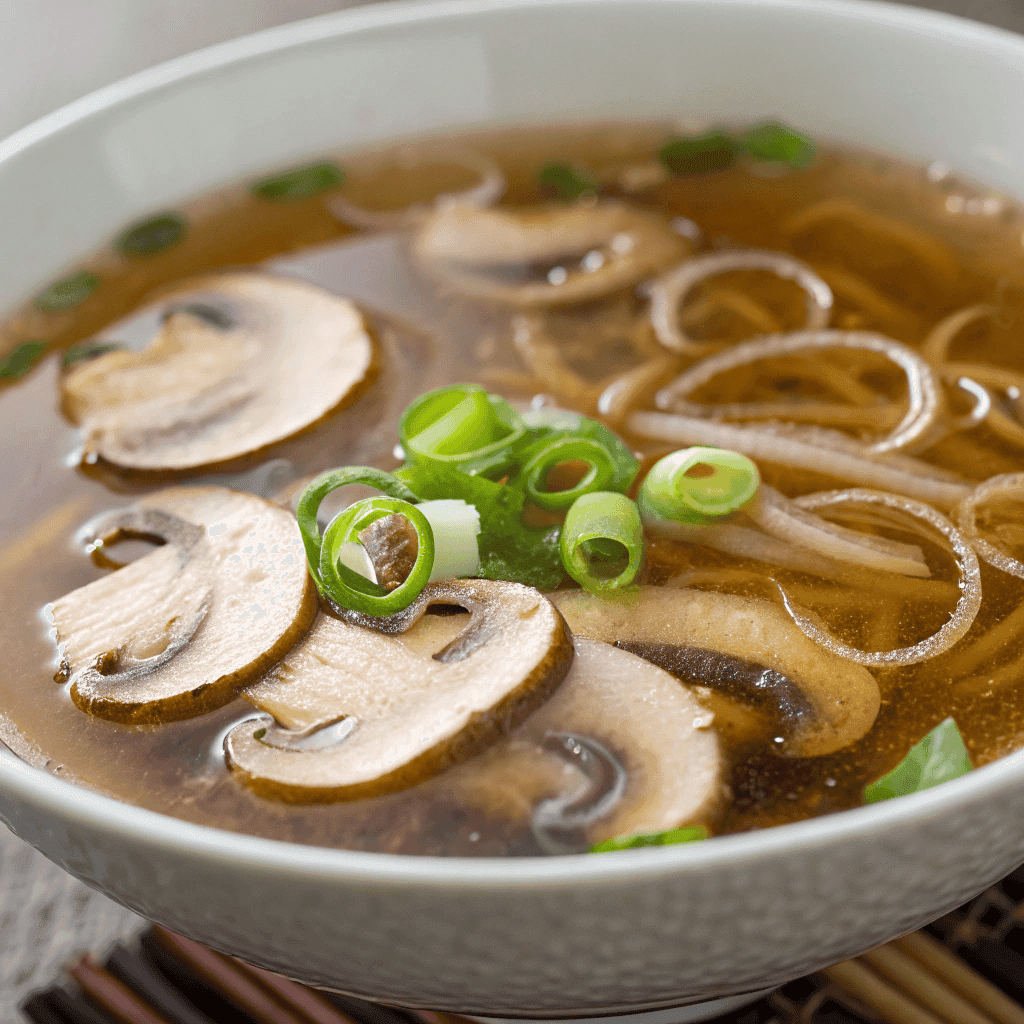 Japanese Clear Onion Soup : Light, Flavorful Hibachi-Inspired Broth 3 Macro close-up of Japanese clear onion soup highlighting transparent broth, mushrooms, and scallions.