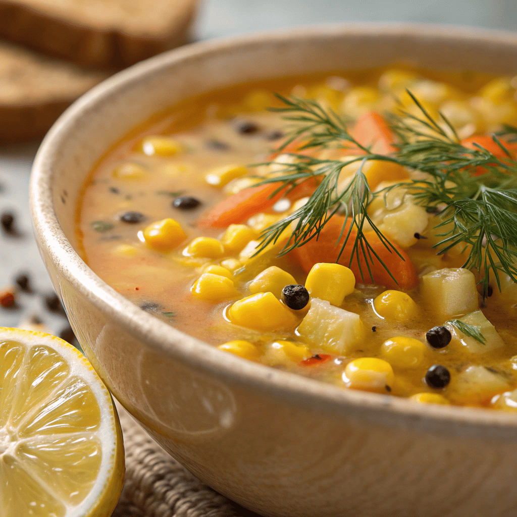 Macro close-up of Golden Glow Soup showing corn kernels, golden broth, dill, lemon, and pepper.