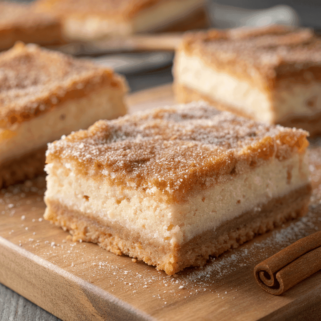 Macro close-up of churro cheesecake bars showing cinnamon sugar crust and smooth cheesecake filling.