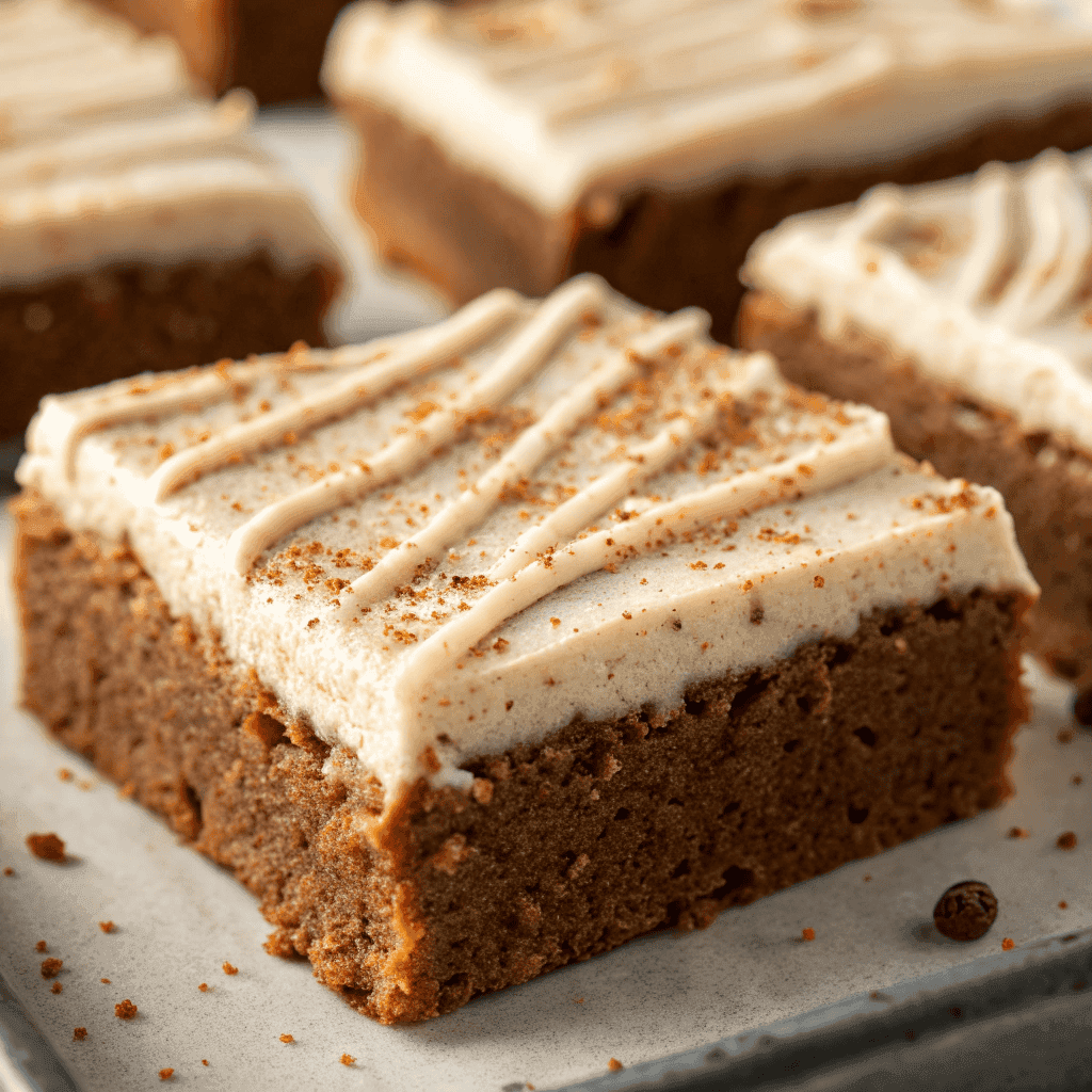 Macro close-up of frosted gingerbread brownies showing dense crumb and smooth white frosting.