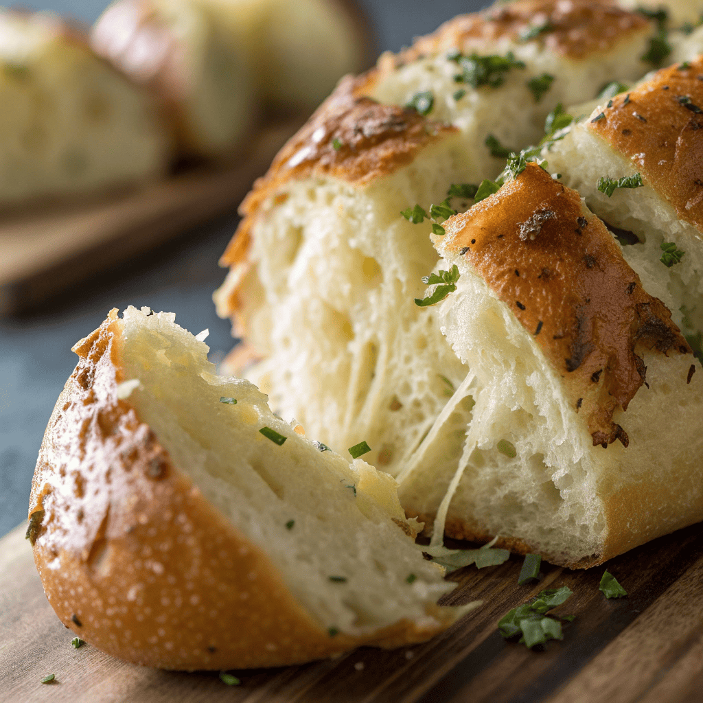 Macro close-up of sourdough pull-apart garlic bread showing fluffy crumb and buttery texture.