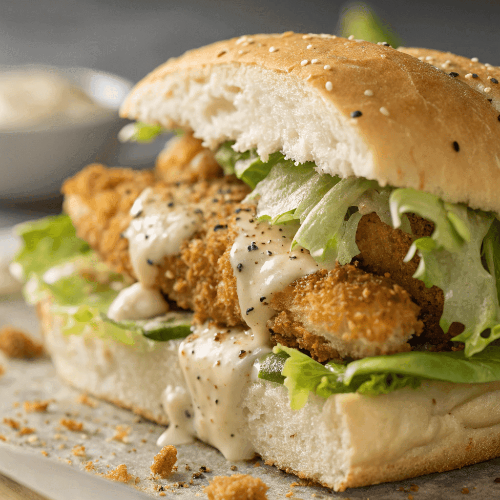 Macro close-up of chicken caesar sandwich showing crispy chicken texture and creamy dressing.