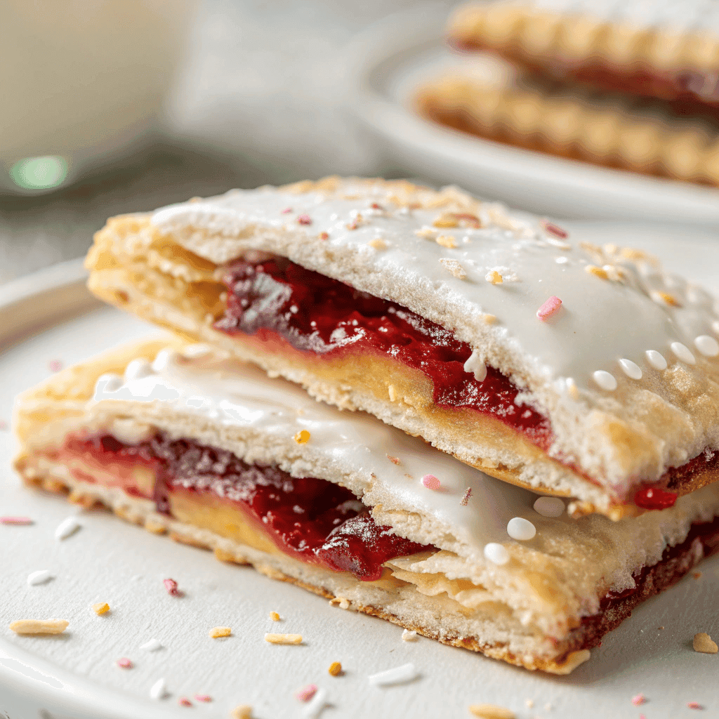 Macro close-up of protein-packed pop tart showing flaky layers, berry filling, and icing.