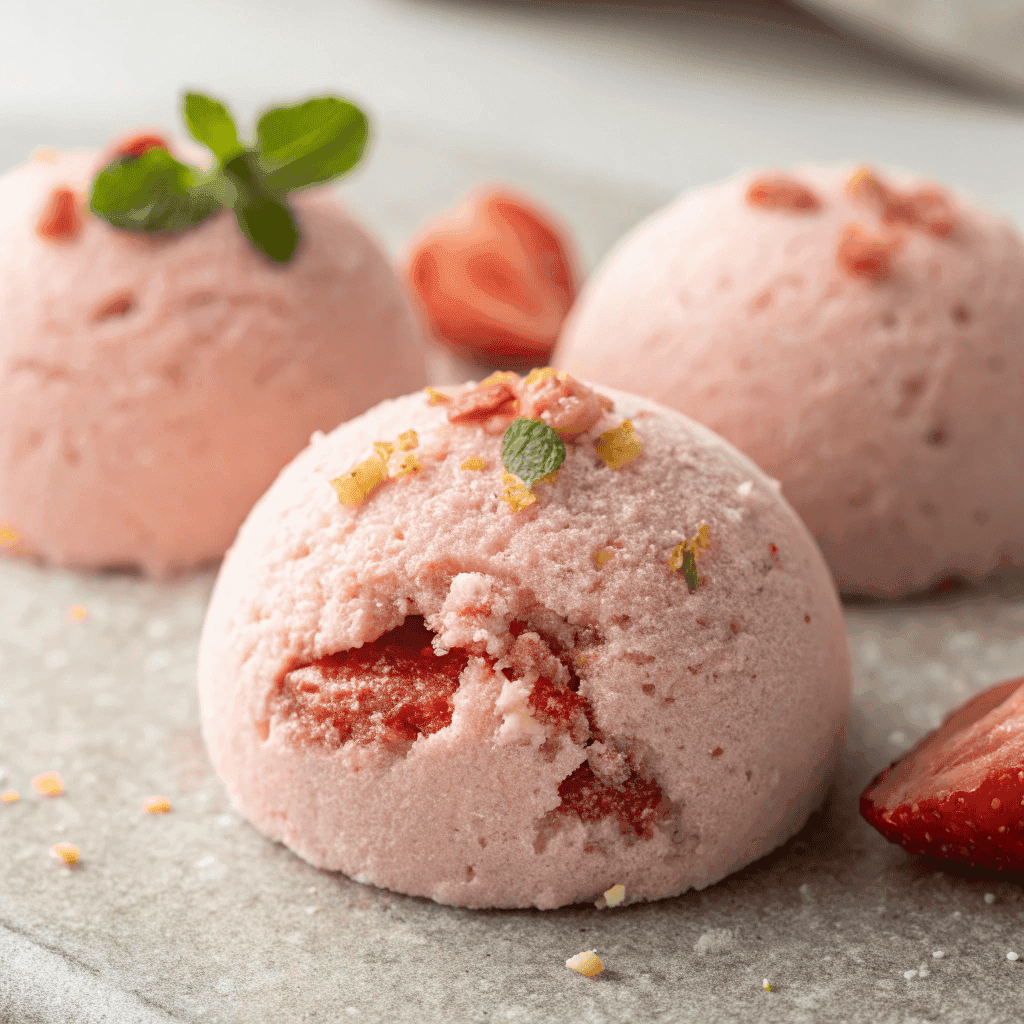 Macro close-up of strawberry cheesecake protein ball showing fine texture and strawberry garnish.