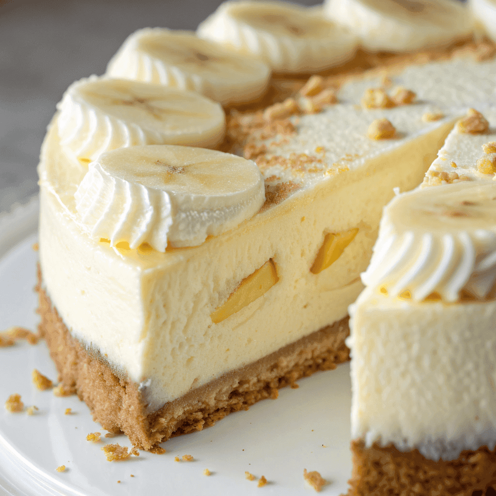 Macro close-up of banana cream cheesecake showing creamy filling and graham crust texture.