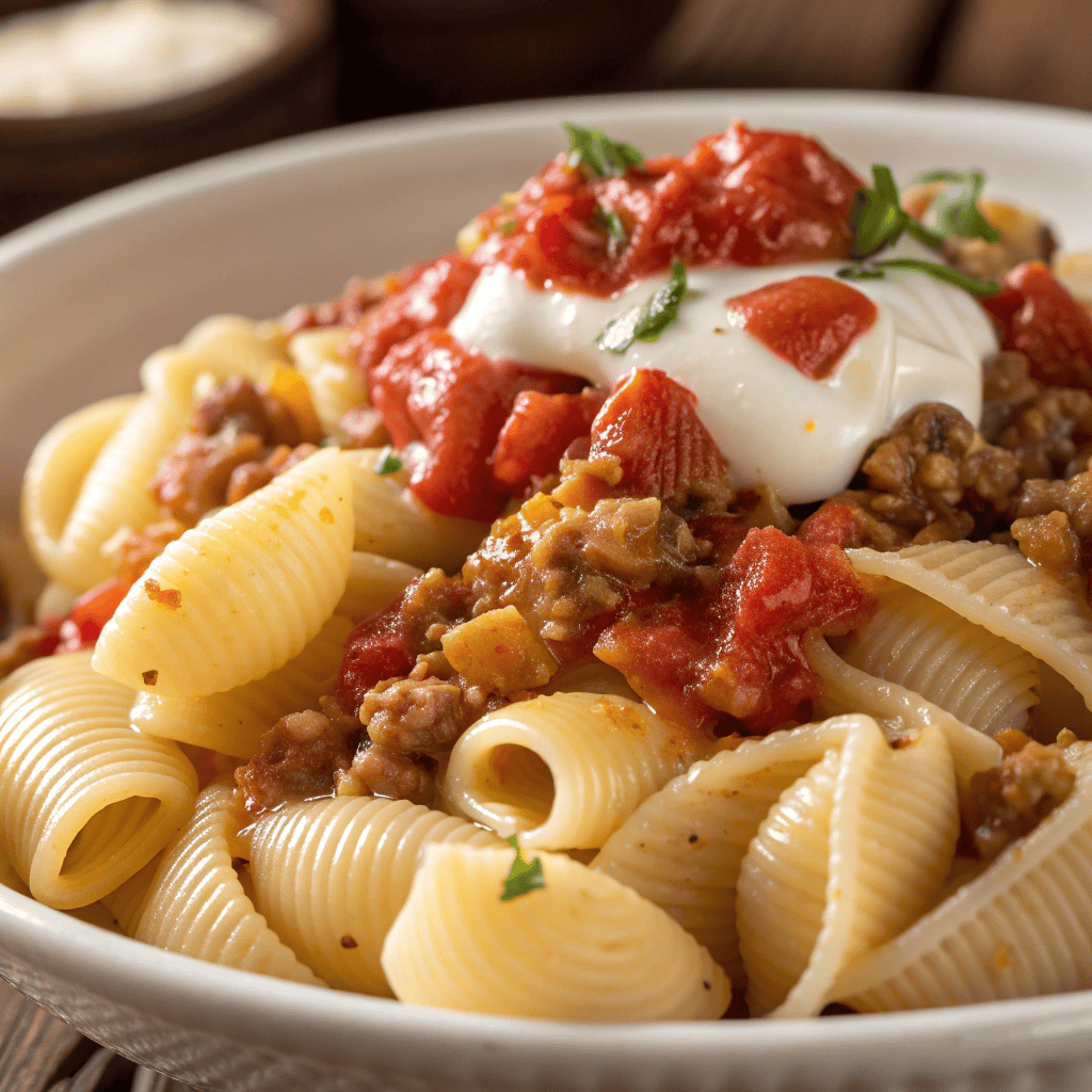 Macro close-up of Turkish pasta showing pasta shells, yogurt, ground beef, and chili butter texture.