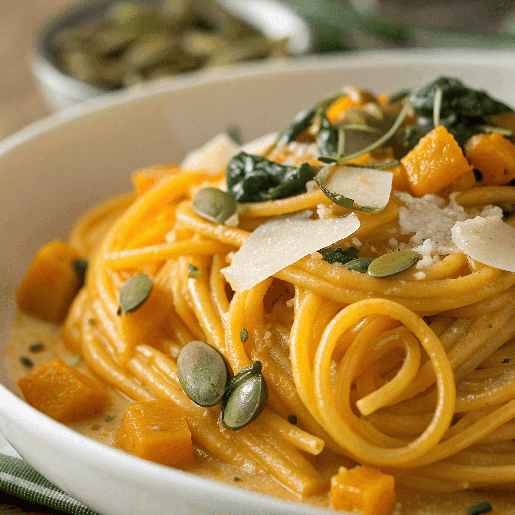 Macro close-up of butternut squash pasta showing creamy sauce and toppings.