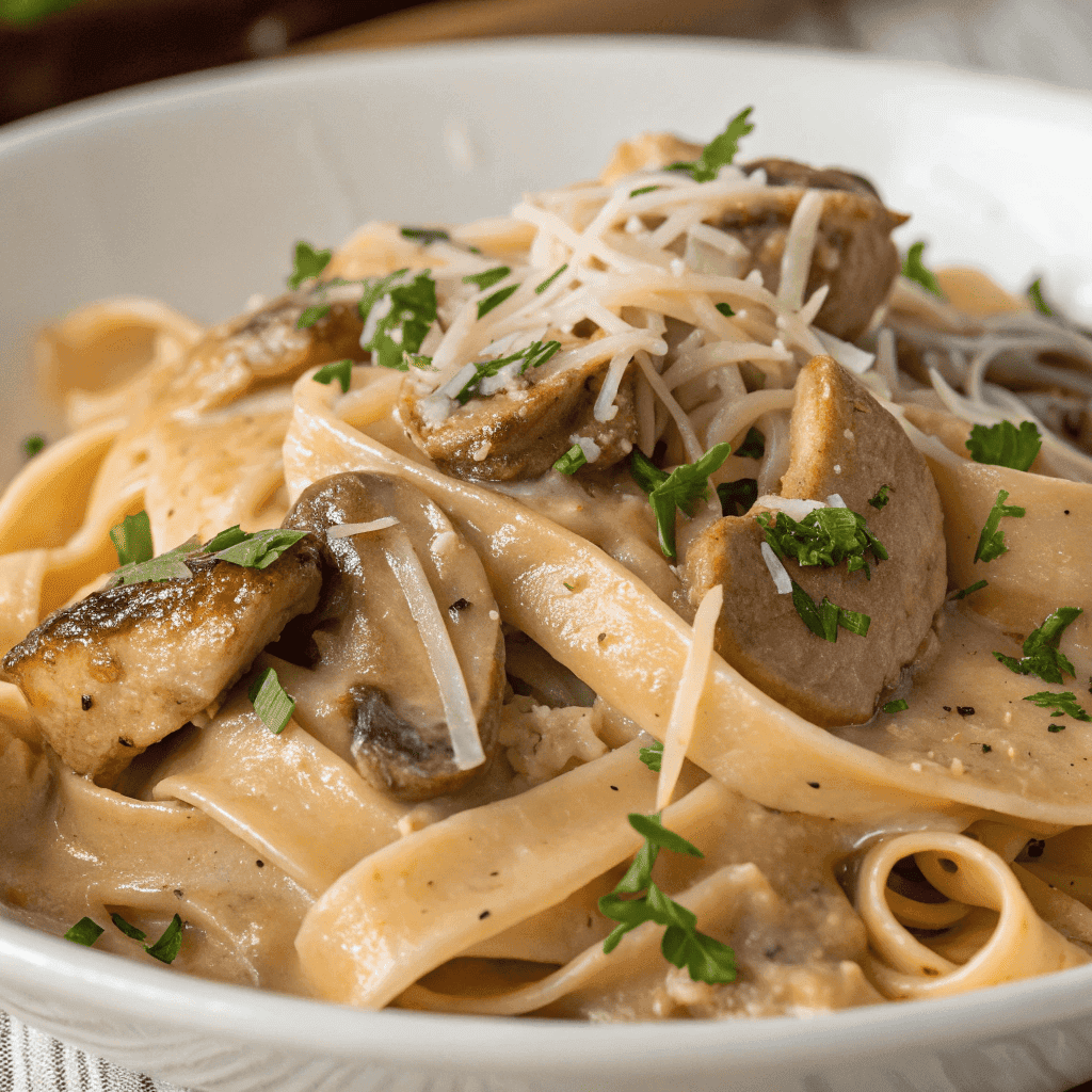 Macro close-up of chicken marsala pasta showing creamy sauce, chicken, and mushrooms.