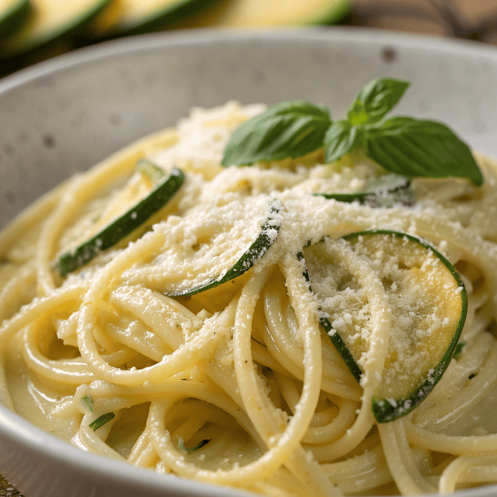 Macro close-up of spaghetti alla Nerano showing creamy sauce, zucchini, and grated cheese.