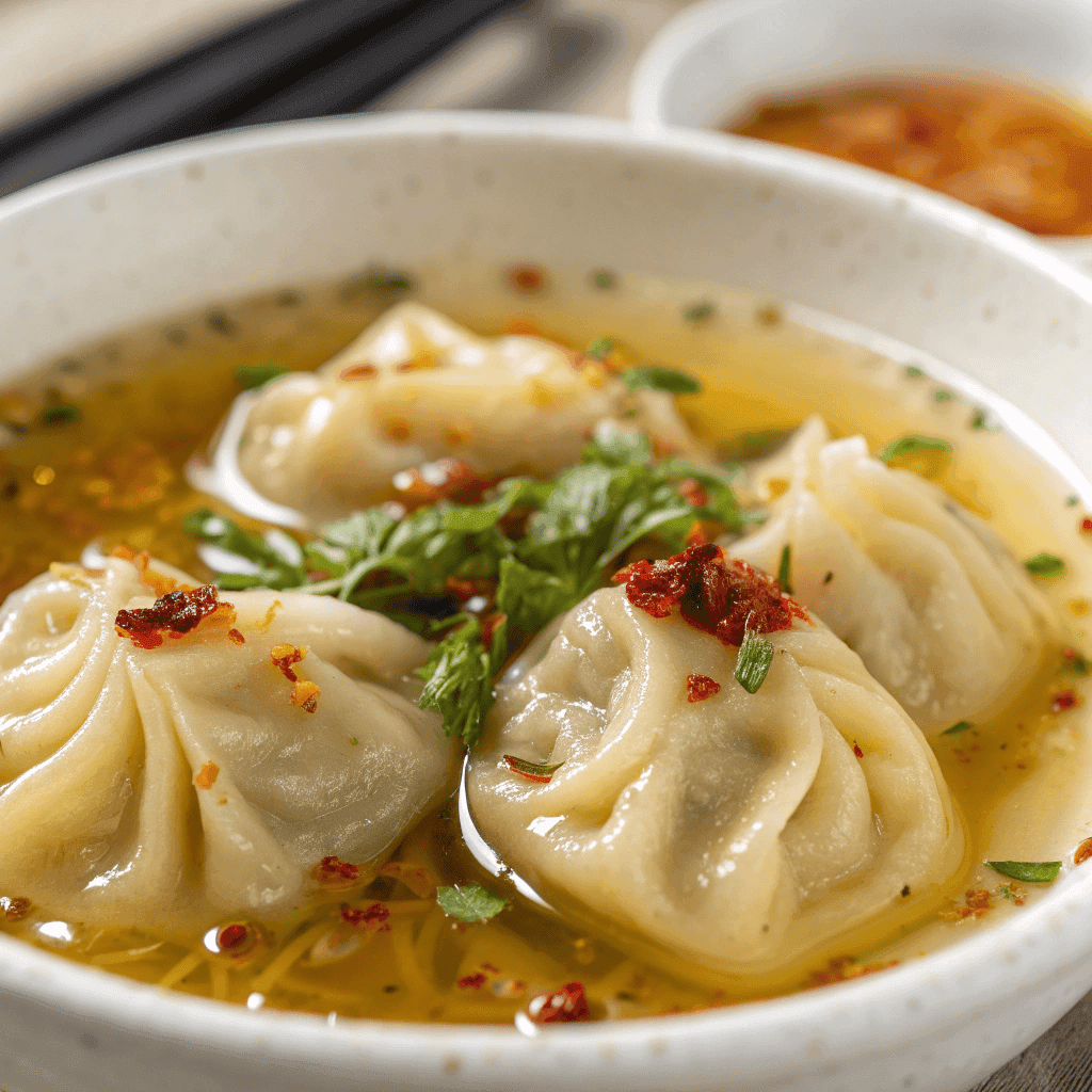 Macro close-up of Sherpa soup showing dumpling texture and golden broth.