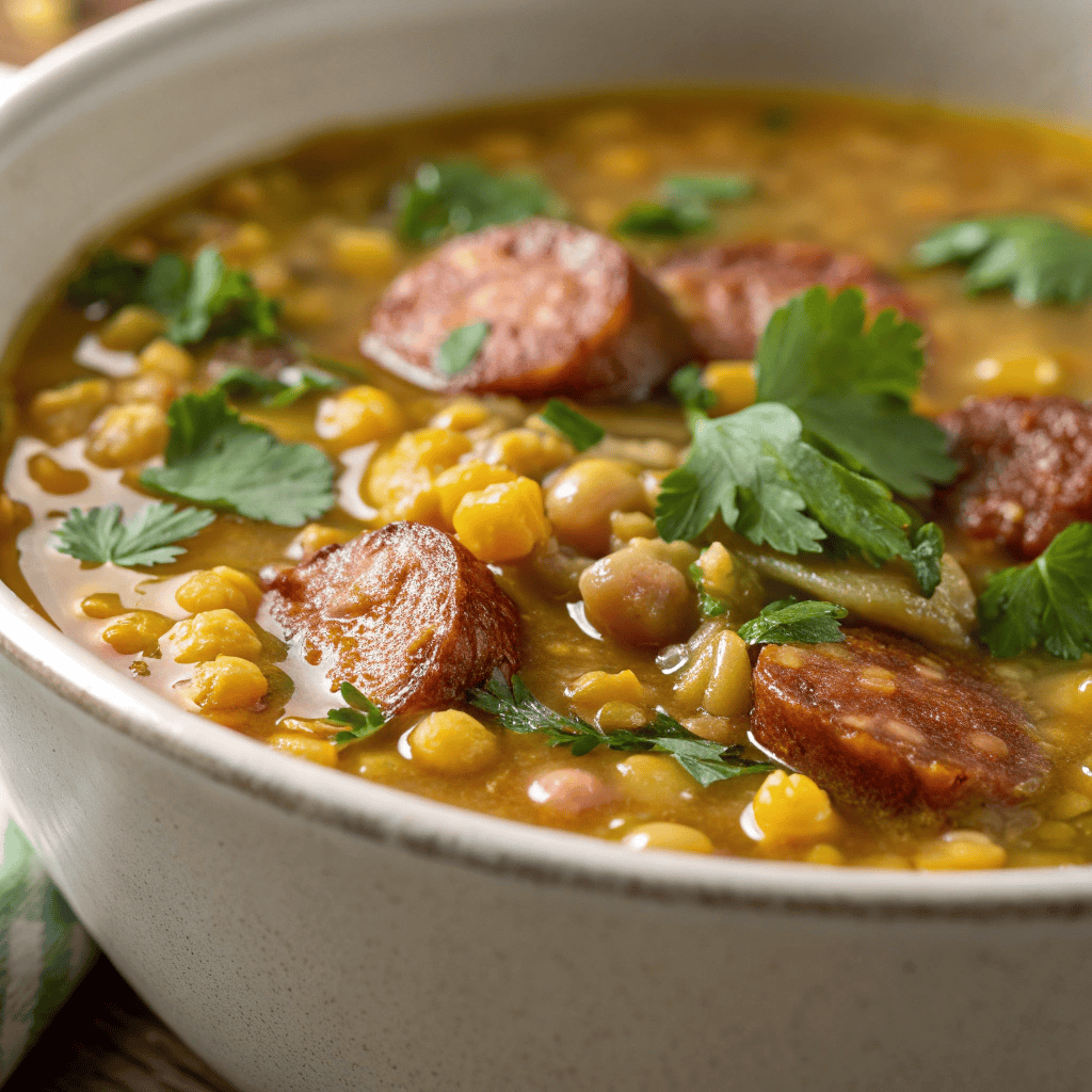 Macro close-up of get well soup showing lentils, sausage, corn, and broth texture.