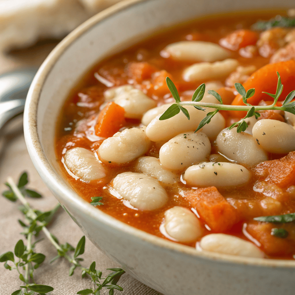 Macro close-up of fasolada soup showing white beans and rich tomato broth.