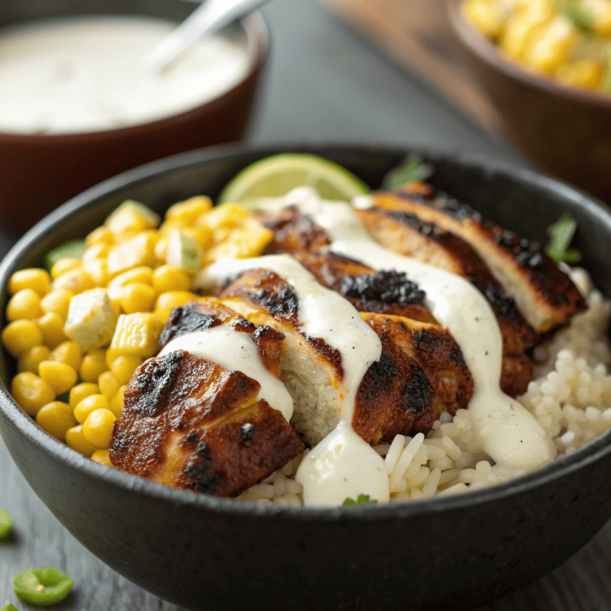 Close-up of grilled chicken with creamy sauce in a street corn chicken bowl.