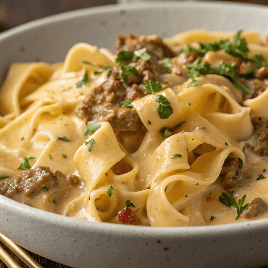 Close-up of creamy Arabic pasta showing sauce texture and minced meat topping.