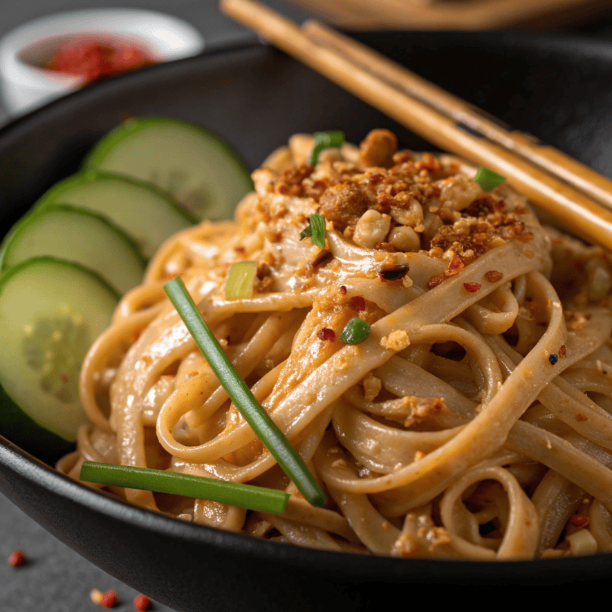 Close-up of Thai peanut noodles showing creamy sauce and chili flakes.