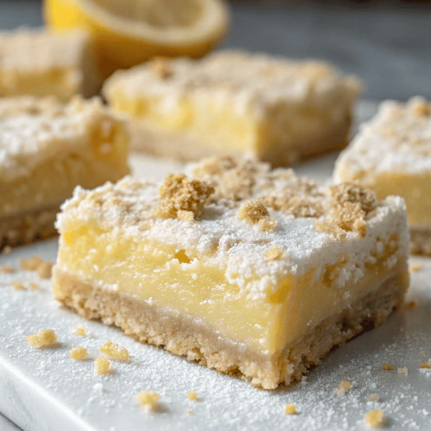 Close-up of lemon crumb bars showing crumb topping and creamy lemon filling.