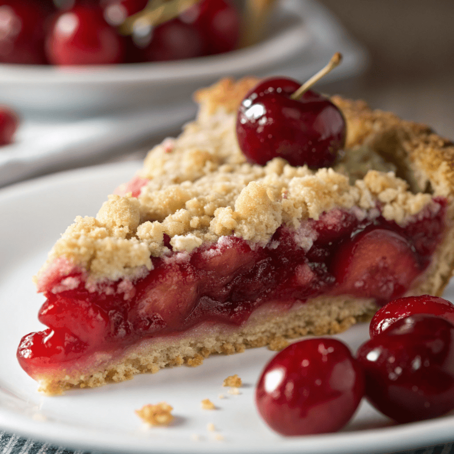 Close-up of cherry crumb pie showing juicy cherry filling and crumb topping.