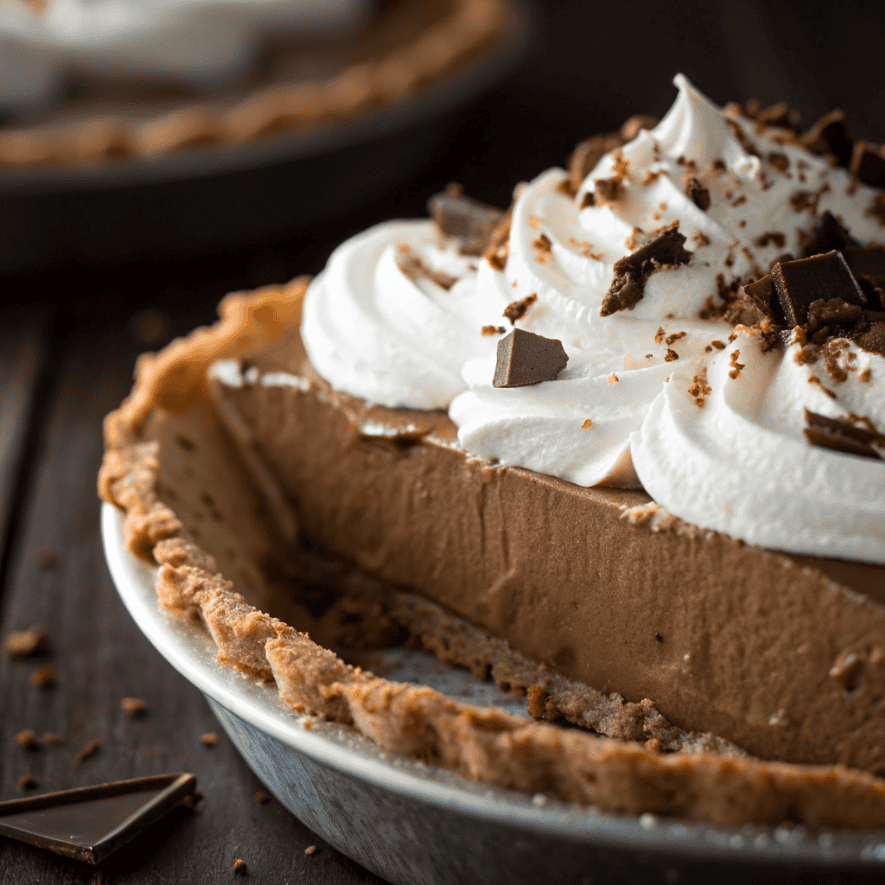 Close-up of French silk pie showing smooth chocolate filling and whipped cream.