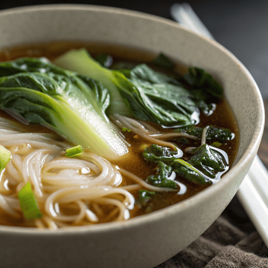 Close-up of baby bok choy soup showing rice noodles and tender greens in broth.