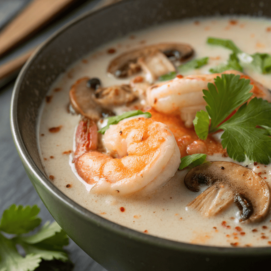 Close-up of Thai coconut shrimp soup showing creamy broth and shrimp texture.